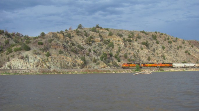 The train was fun to watch as it rolled right along lake's edge.