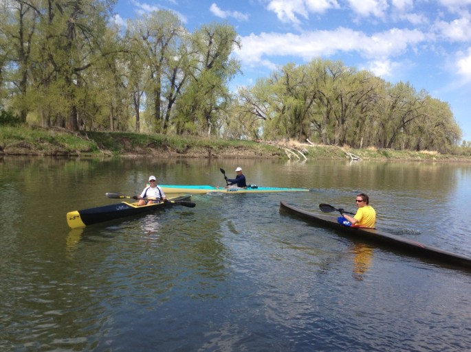 John from Great Falls happened to call me on the phone as I came out of the canyon and there were ample cell towers. He and a couple of paddlers wanted to meet up and paddle with me. Great! I always welcome paddle companions. L-R: Sherri, John and Bob and, they DID find me thanks to my SPOT Tracker.