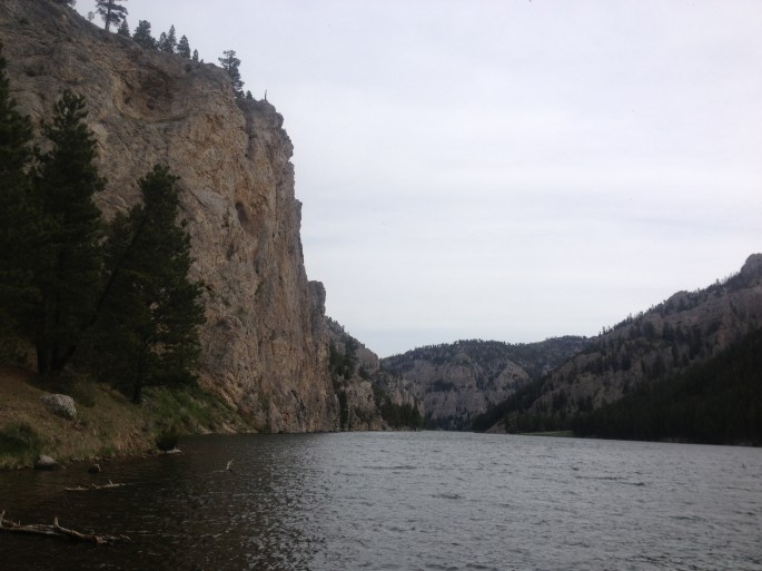  Meriwether Lewis, July 19, 1805 (he camped right across the river): "...this evening we entered much the most remarkable cliffs that we have seen yet. These cliffs rise from the waters edge on either side perpendicularly to the hight of 1200 feet. Every object here wears a dark and gloomy aspect. The towering and projecting rocks in many places seem ready to tumble on us. The river appears to have forced it's way through the immense body of solid rock for the distance of 5 3/4 miles and where it makes it's exit below has thrown on either side vast columns of rocks mountains high."