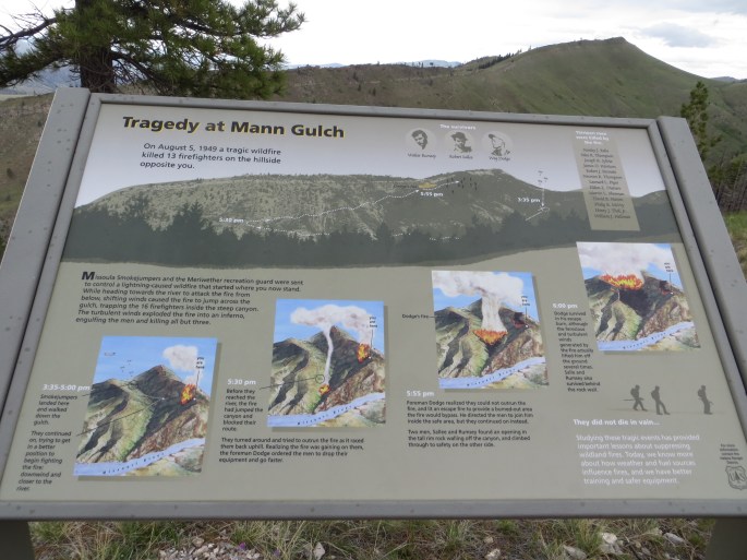 Some information at the overlook about the Mann Gulch Fire, in which 13 men lost their lives.