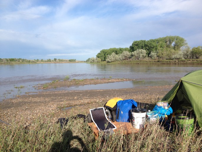 My camp between Fort Benton and Coal Banks, which is the developed campground right before entering the Upper Missouri River Breaks National Monument. I had to find a spot in a hurry because it was getting late. A little muddy, on the upriver point of an island, but level.