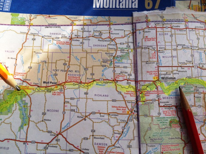 The Missouri River between Peck Lake Dam and Lake Sakakawea. The Montana and North Dakota border is at Fort Union, for those who remember from Facebook on June 26.