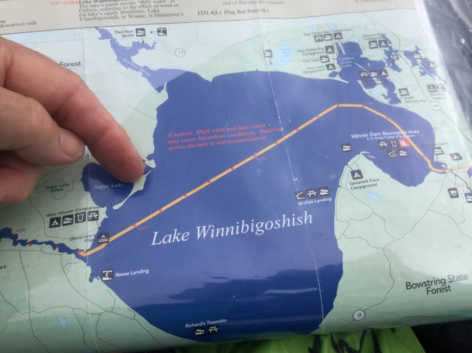 Lake Winnibigoshish seemed huge to me (well, not comparing to the Missouri lakes). We skirted the north coast staying in the wind shadow, which took us all afternoon to get across.