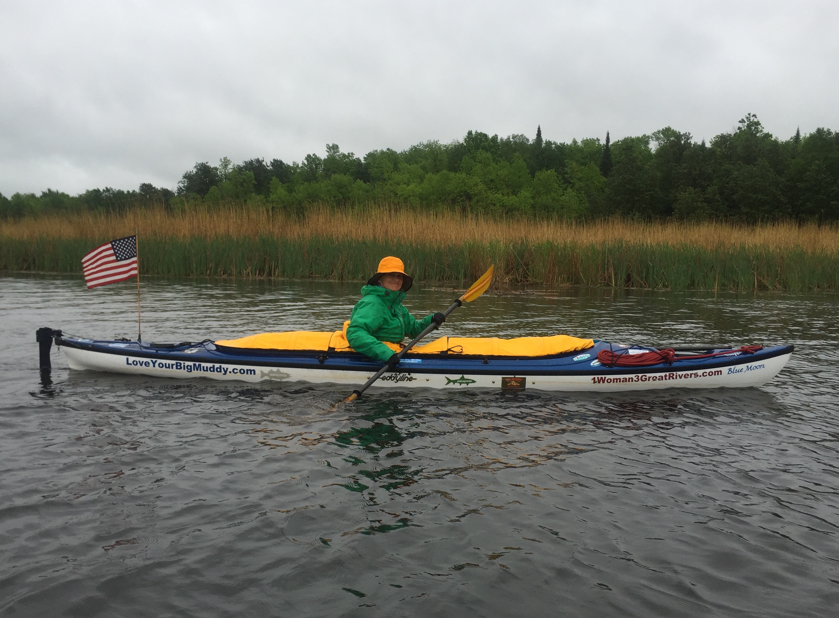 Thanks to Eddyline Kayaks, I am able to paddle in the rain with minimal adverse impact. And, the barges should be able to spot me a little more easily. The ship captains down New Orleans area said in 2013 that I looked like a pelican on the river. Ha!